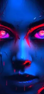 Mystical face with neon eyes glowing in blue and pink hues.