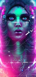 Mystical neon fantasy art featuring a vibrant, glowing woman.