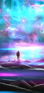 Mystical neon scene with lone figure in fantasy landscape.