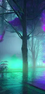 Mystical forest with neon lights and misty atmosphere.