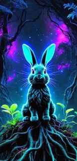 Neon rabbit in mystical forest with glowing plants and vibrant colors.