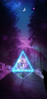 Neon triangle in a mystical forest night scene with a wolf silhouette.