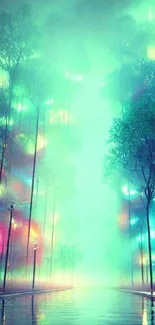 Mystical neon forest wallpaper with vibrant colors and serene atmosphere.