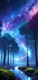 Magical neon forest with galaxy sky and reflective water in vivid colors.