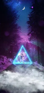 Mystical forest wallpaper with neon triangle and starry sky.