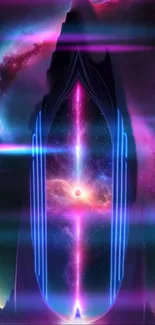 Mystical neon portal with cosmic galaxy theme in vibrant colors mobile wallpaper.