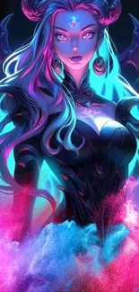 Vibrant neon goddess artwork for mobile wallpaper featuring colorful splashes of pink and blue.