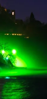 Mystical neon green landscape with forest and river.