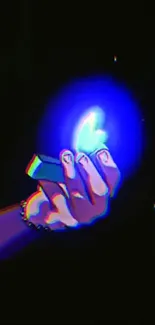 Mystical hand glowing with blue neon light against a dark background.