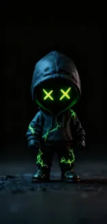 Neon hooded character with glowing features on a dark background.
