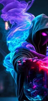 Hooded figure with neon purple and blue smoke wallpaper.