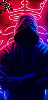 Neon-lit hooded figure with vibrant background.