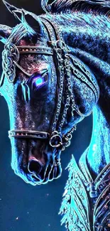 Intricate neon blue horse design with glowing elements.