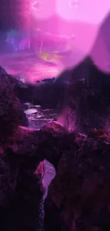 Mystical neon landscape with vibrant pink hues in a fantasy setting.