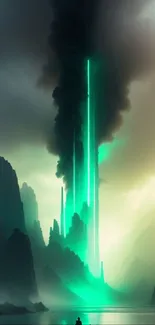 Mystical neon green landscape with beams in misty mountains.