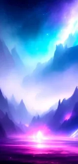 Mystical neon landscape with vibrant mountains.