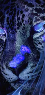 Mystical neon leopard with glowing blue eyes and vibrant hues.