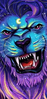 Mystical neon lion with cosmic background wallpaper.