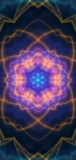 Mystical neon mandala with dark blue background.