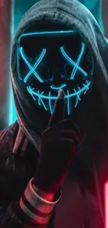 Neon blue mask with X-eyes in dark setting, futuristic vibe.