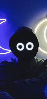 Neon masked figure with crescent moons