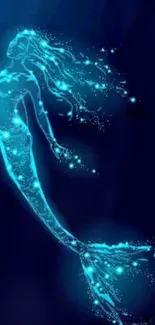 Glowing mermaid with sparkling effects in a dark blue underwater scene.