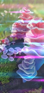 Colorful neon mushrooms in a fantasy setting.