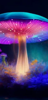 A glowing neon mushroom in a mystical, colorful nature scene.