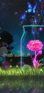 Neon glowing flower and butterflies in a jar under a starry sky.