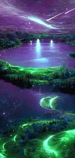 Fantasy neon landscape with purple sky and green rivers.