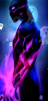 Neon-themed panther with ghostly figures on a vibrant violet background.