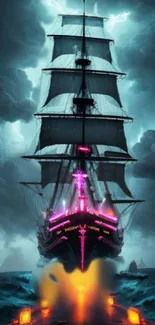 Mystical neon-lit pirate ship in stormy ocean with dark clouds.