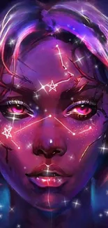 Mystical neon portrait with cosmic accents and vibrant purple hues.