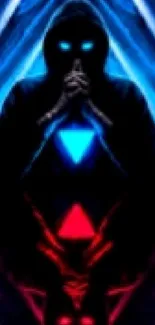 Hooded figure with glowing neon blue and red reflections on mobile wallpaper.