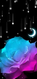 Mystical neon rose with crescent moon on a starry black background.