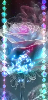 Mystical neon rose with vibrant colors and ethereal glow.