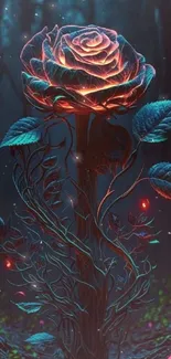 Mystical neon rose in a dark forest setting.