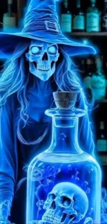 Neon skeleton witch with glowing potion in a surreal bar.