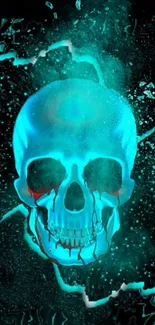 Neon electric blue skull design on a dark background wallpaper.