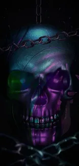 Mystical neon skull with chains wallpaper in dark shades.