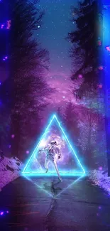 Neon triangle on a cosmic forest road.