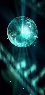 Mystical teal illuminated sphere on dark backdrop.