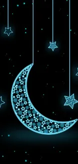 Neon blue crescent moon and stars on dark sky wallpaper.