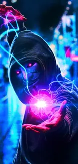 Hooded figure with neon lighting in a cyberpunk street.