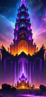 Mystical neon temple with vibrant purple glow in fantasy landscape wallpaper.