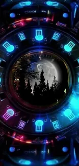 Mystical neon clock with forest silhouette and full moon.