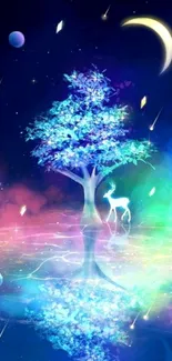 Mystical neon tree with cosmic background.