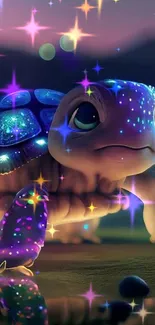 Neon blue and purple turtle in a mystical nighttime scene.