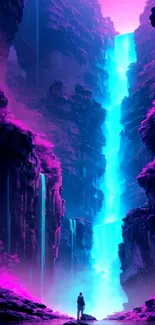 Mystical neon waterfall in a vibrant canyon scene, perfect for fantasy lovers.