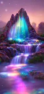 Mystical neon waterfall with colorful glow in nature scene.